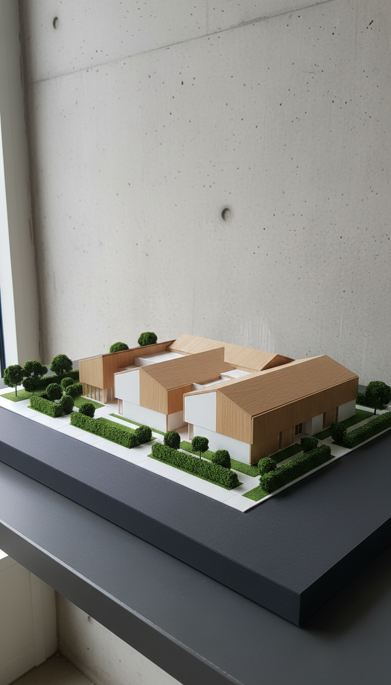 A sleek, architectural model of a community center made of light oak and matte white acrylic, precisely placed on a structured, charcoal-gray presentation board. The miniature environment around the model features neatly trimmed boxwood hedges and clean walkways, set against an understated concrete wall. Gentle overcast light from a nearby window casts soft, uniform illumination with minimal shadows, highlighting the natural materials and sharp lines. Captured from an eye-level angle with asymmetrical balance, the composition emphasizes structured design and future-focused growth, evoking a mood of professionalism and societal progress in the context of peaceful community development.