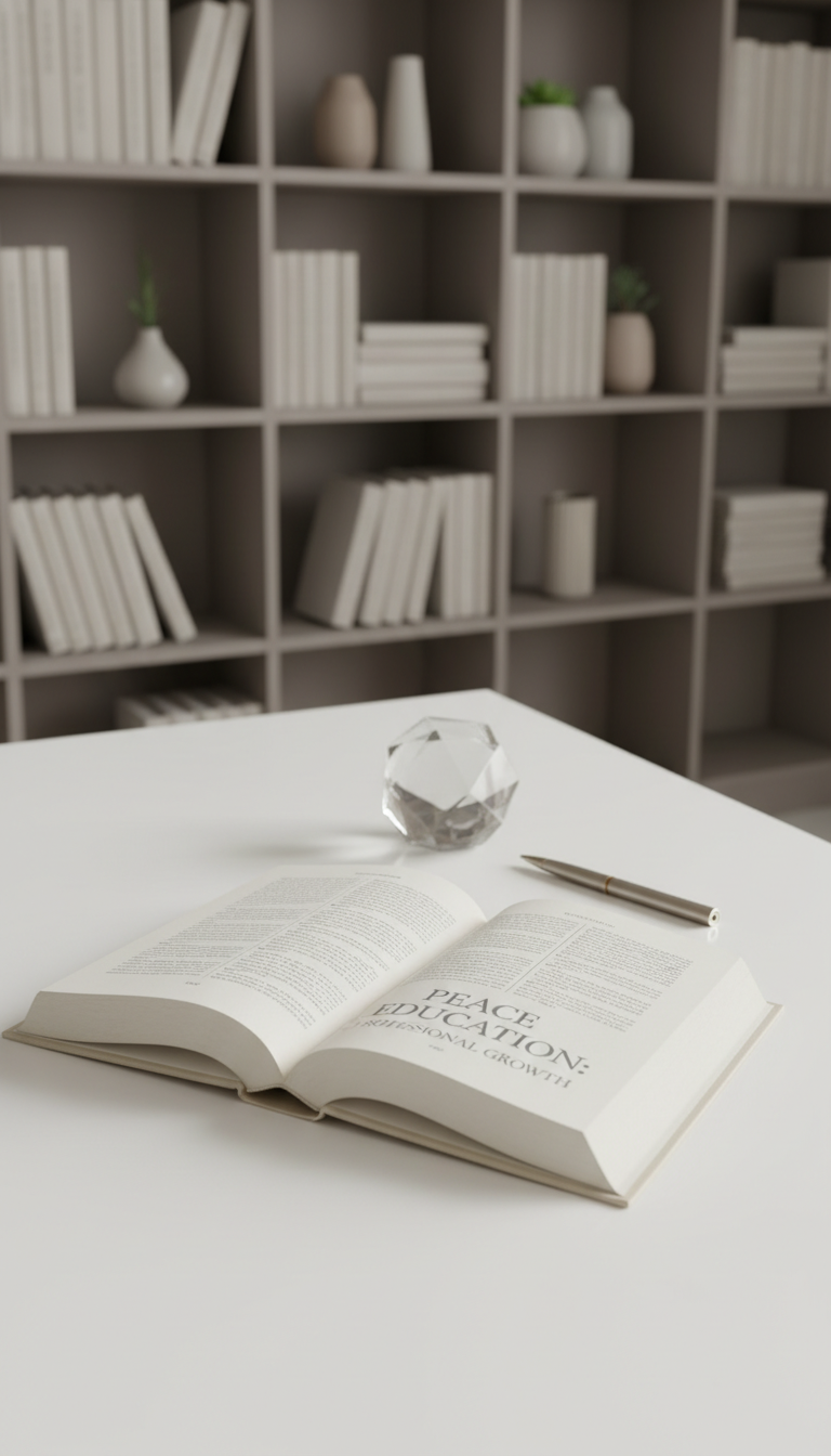 A pristine, open hardcover book with a minimalist cream linen cover and embossed silver lettering, displayed on a crisp white desk. The pages are slightly fanned, revealing subtle texture and clearly printed text in neutral grays. Behind the book rests a modern, geometric glass paperweight and a slim metallic pen, all set in a spacious, organized environment framed by neat shelving in muted taupe tones. Soft studio lighting creates gentle highlights and muted shadows, enhancing the structured composition shot from a slightly elevated angle. The atmosphere is orderly, intellectual, and inspiring, reflecting a commitment to thoughtful learning and professional growth in peace education.